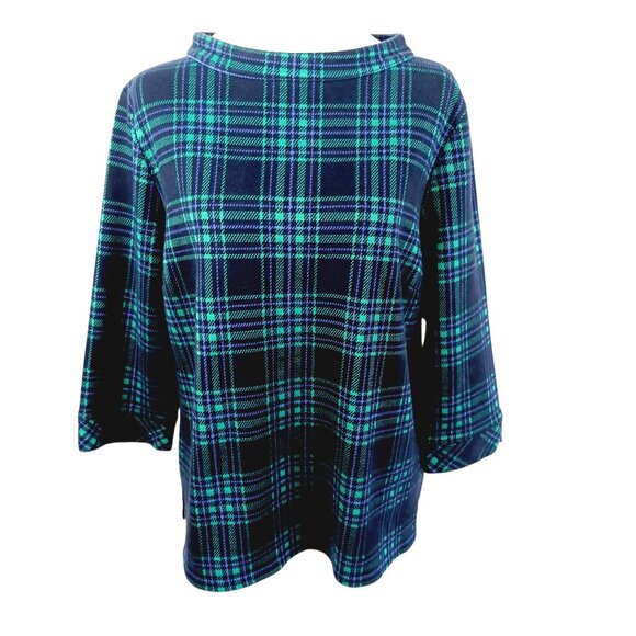 Talbots Tops - Talbots SZ XLp Green & Navy Blue Black Watch Plaid Top, Boat Neck, 3/4 Sleeves,